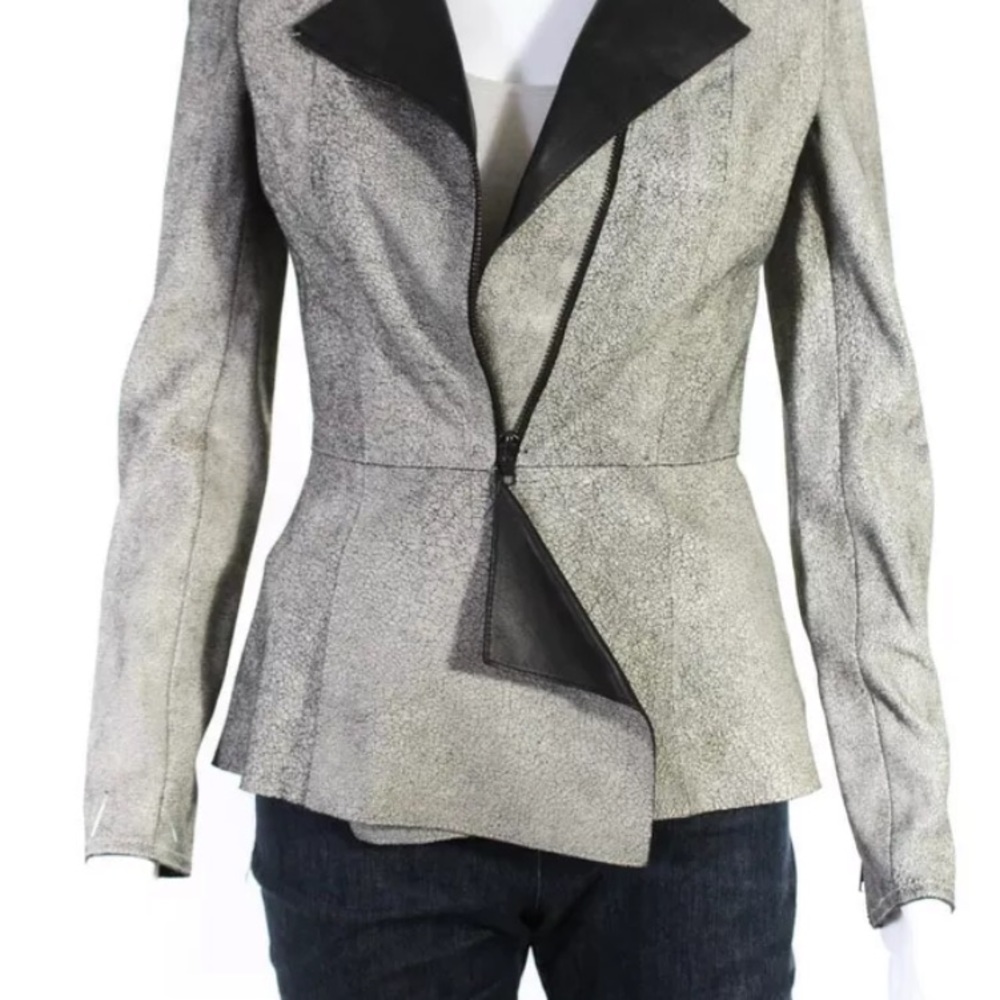 Unique Leather Jacket White / Black Asymmetrical. - image 6